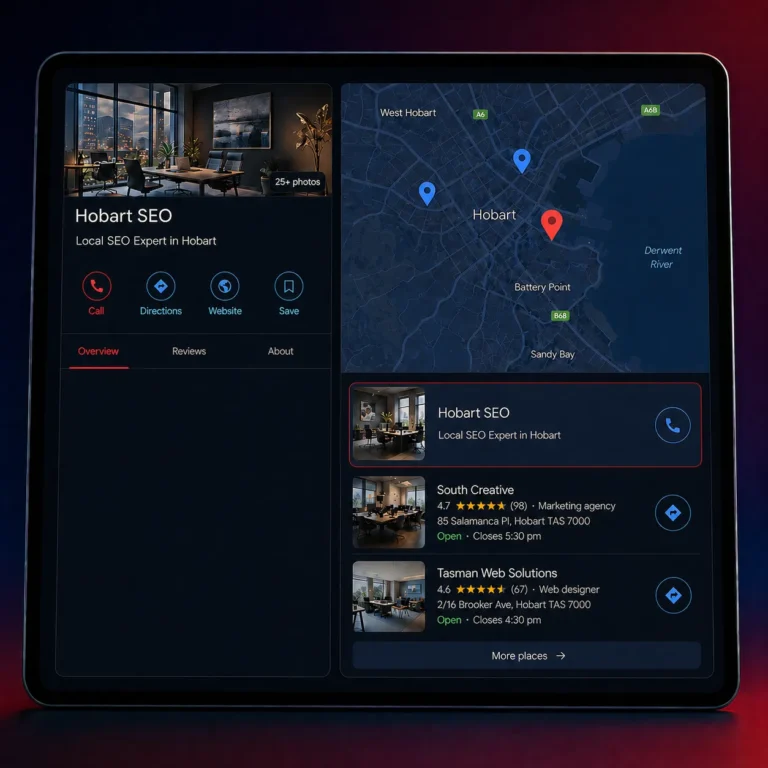 Google Business Profile Optimization Hobart mockup showing a local business profile, map pack results, and nearby competitor listings on a tablet screen