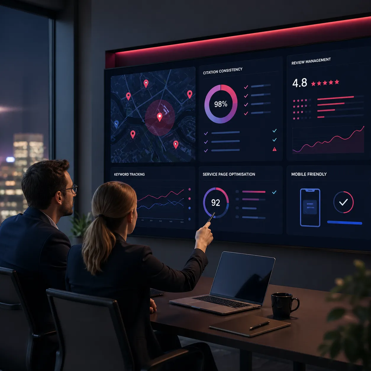 Local search strategy meeting with Hobart map, citation consistency, review management, keyword tracking, and mobile usability signals