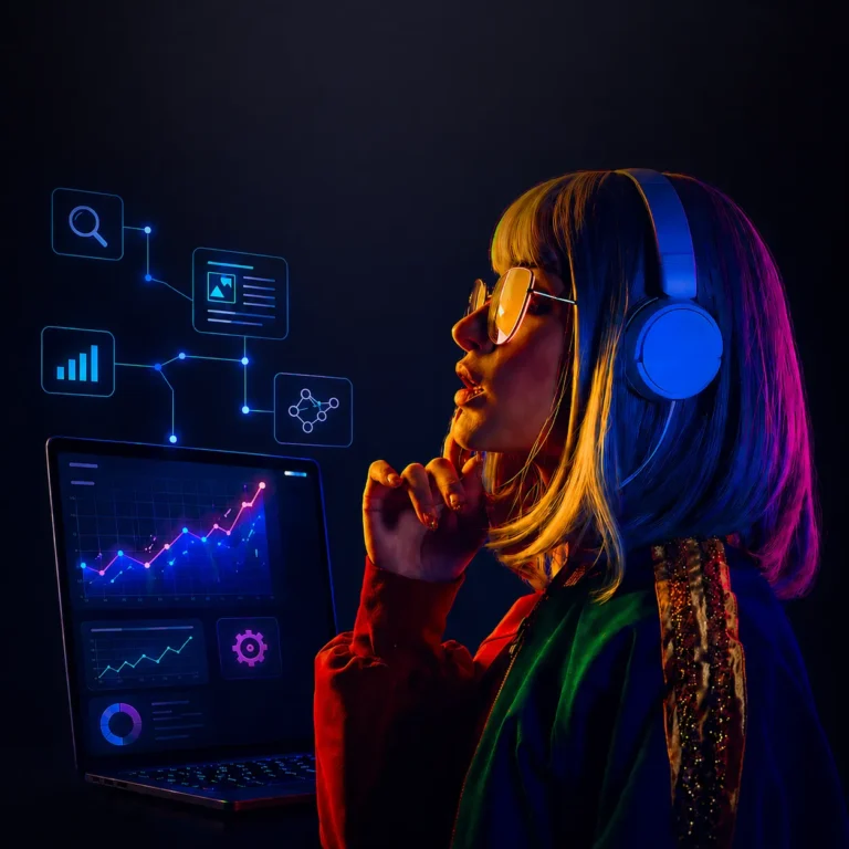 Professional woman with digital search and analytics elements representing SEO strategy, visibility, and business growth