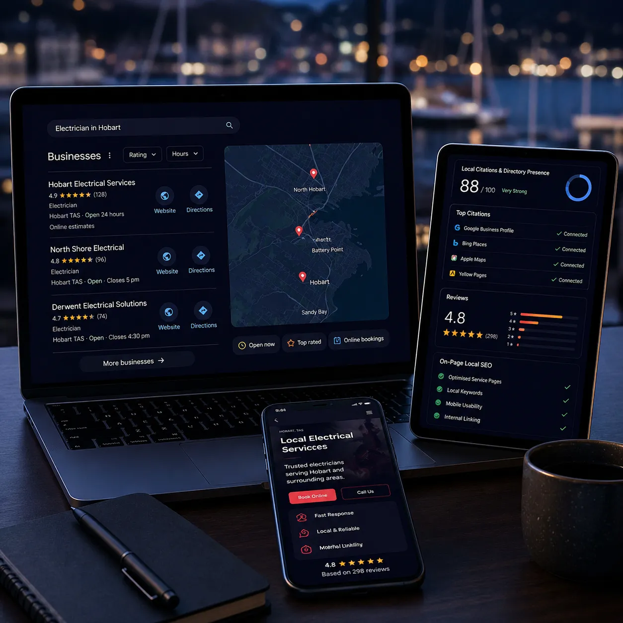 Service area search dashboard showing Hobart business listings, citations, reviews, maps visibility, and mobile search performance