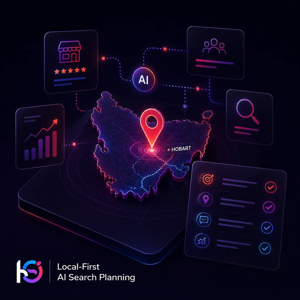 Local-first AI search planning graphic showing Hobart location targeting, AI search pathways, local visibility and service discovery signals.