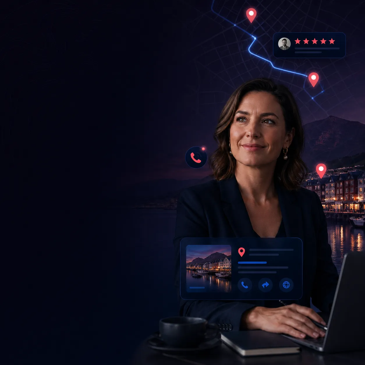 Local SEO Hobart hero image with Hobart City Council area, local map pins, Google Maps visibility cues, and nearby search elements