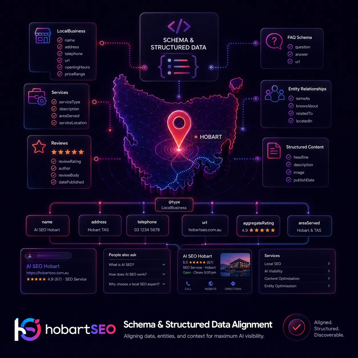 Schema and structured data alignment dashboard showing LocalBusiness schema, service data, FAQ schema, reviews, entity relationships and search result signals.