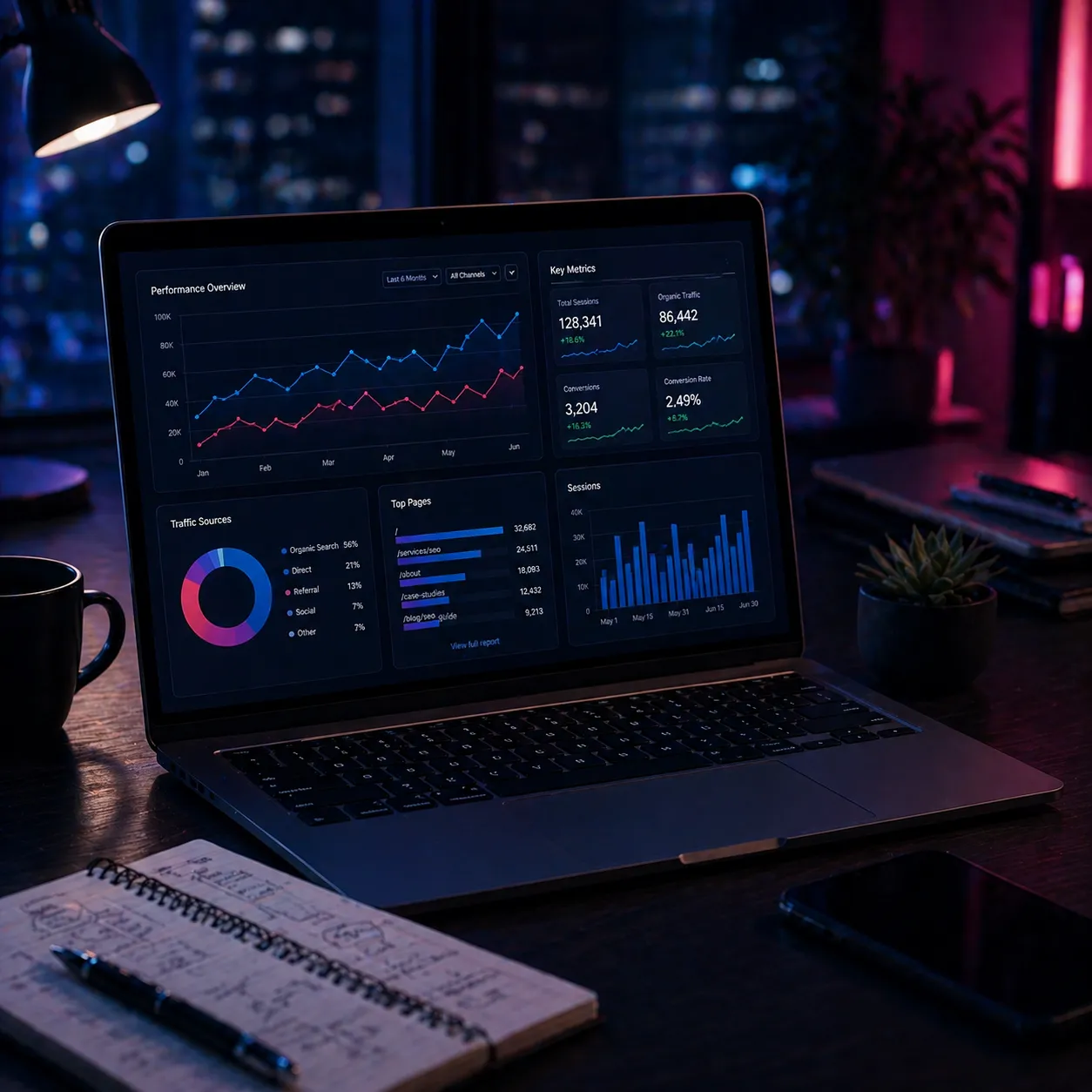 SEO performance dashboard showing traffic growth and analytics on a laptop screen