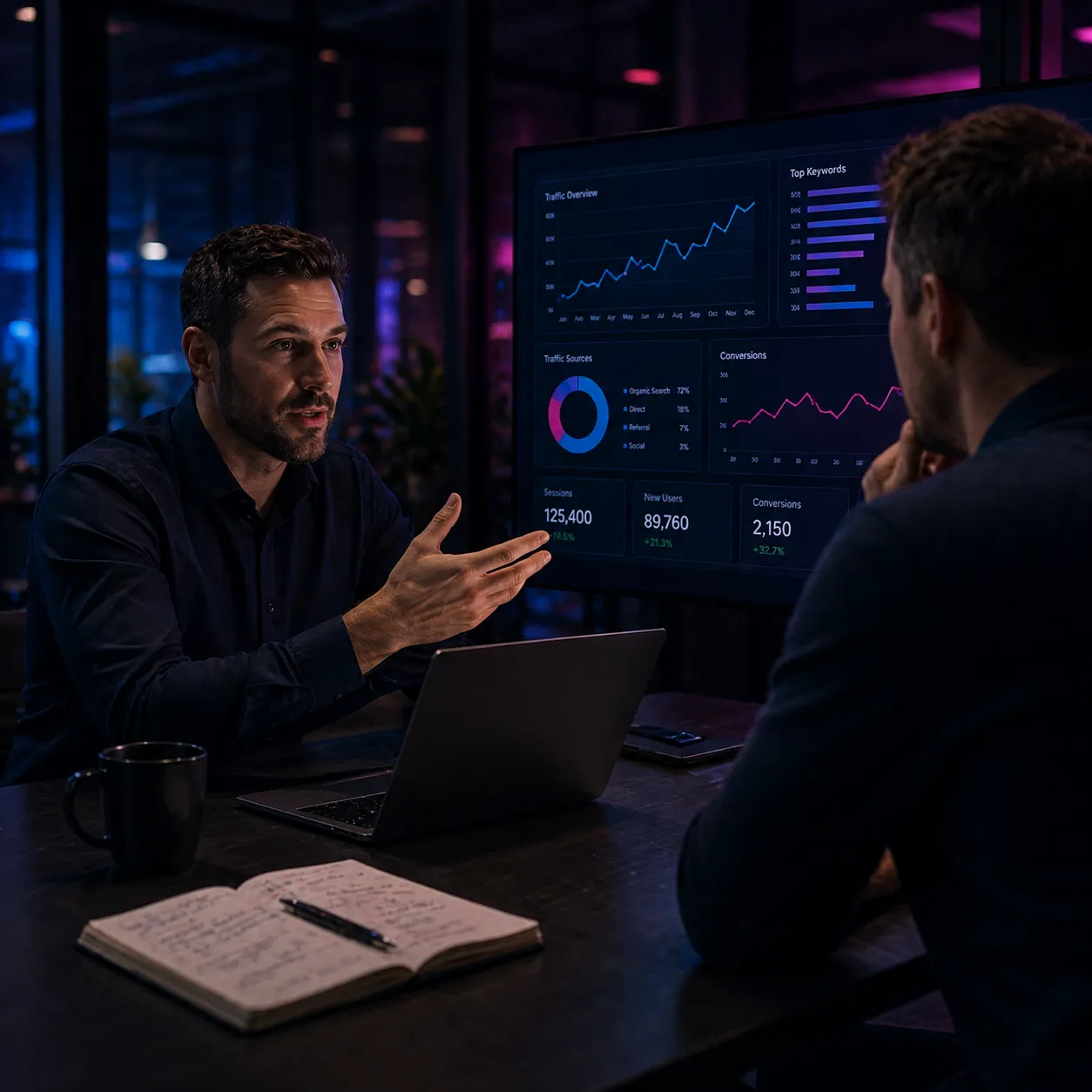 SEO consultant presenting data and strategy to a client in a modern office setting