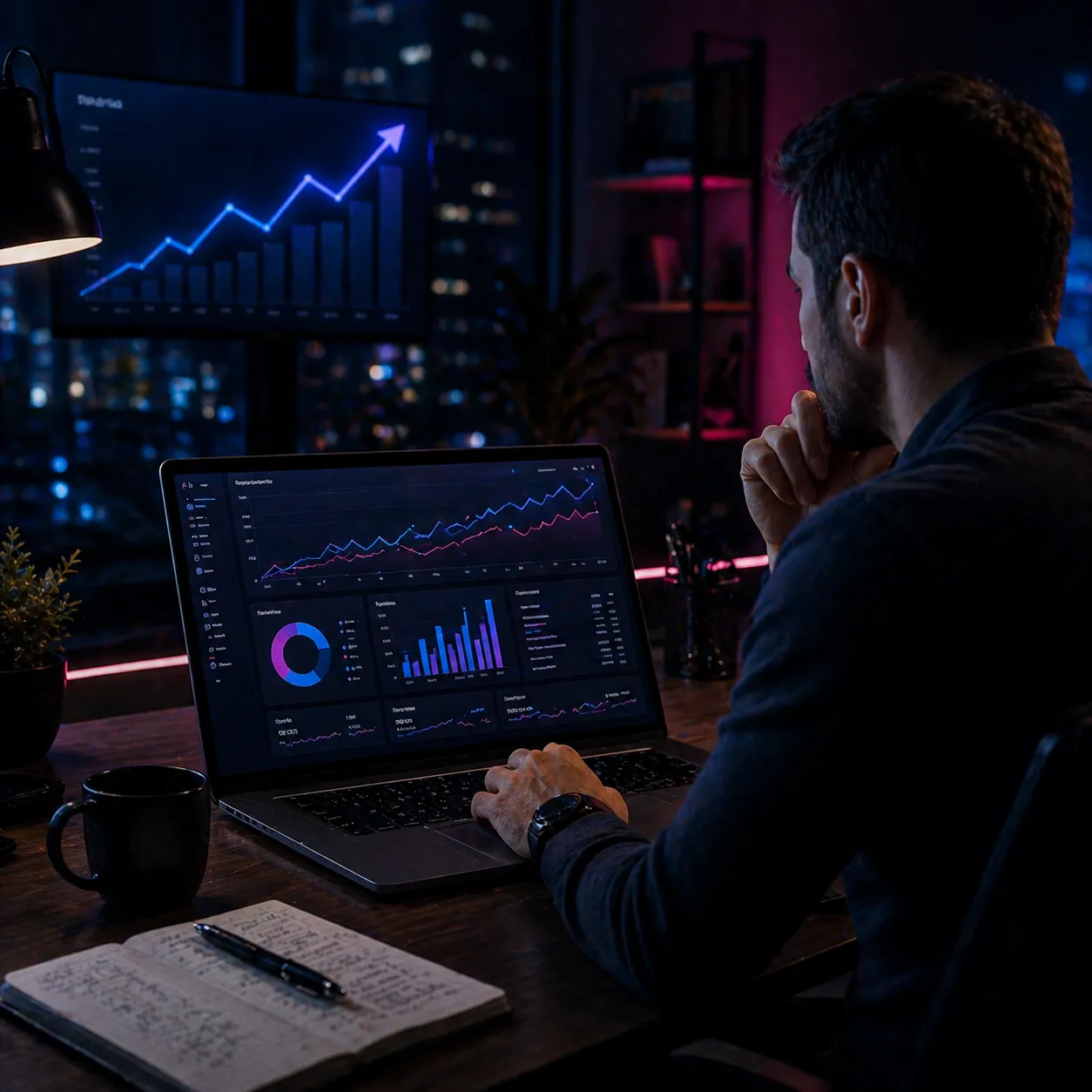 Business owner analyzing SEO growth and performance trends with upward charts