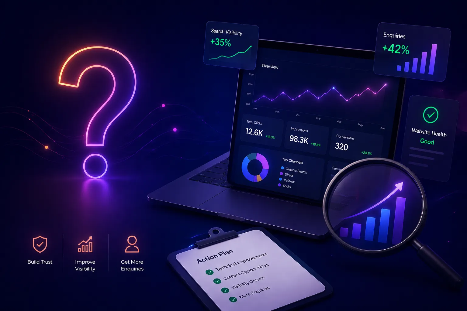 SEO opportunity review visual showing search performance gaps, visibility trends, and enquiry growth signals