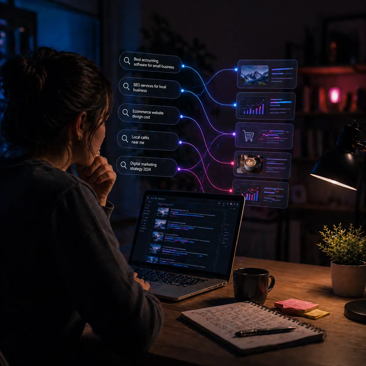 User researching search queries connected to structured content strategy on a laptop