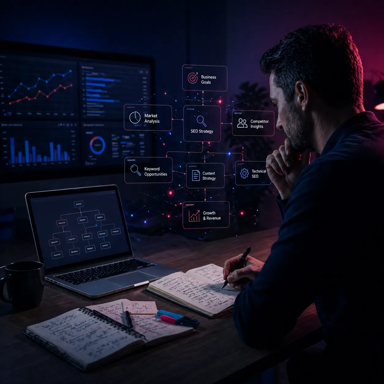 SEO strategist planning tailored growth strategy with website structure and keyword mapping on screens