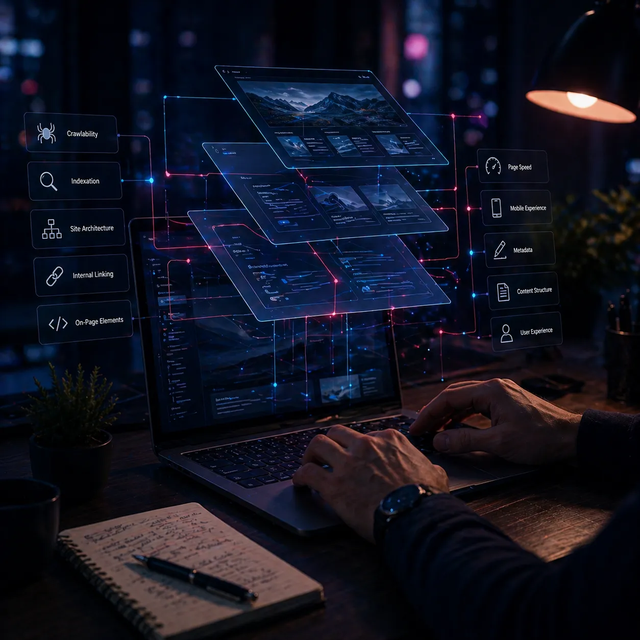 Website structure and technical SEO elements visualized above a laptop screen in a dark environment