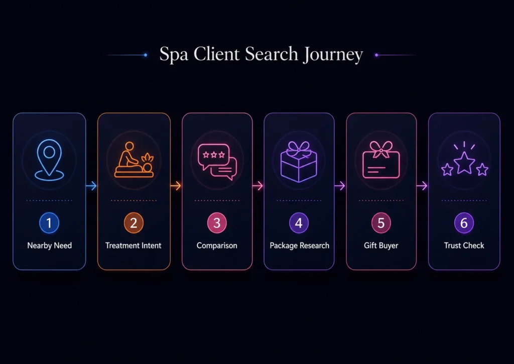 Spa client search journey showing how people move from local searches to treatment pages, reviews, packages, gift vouchers, and bookings.