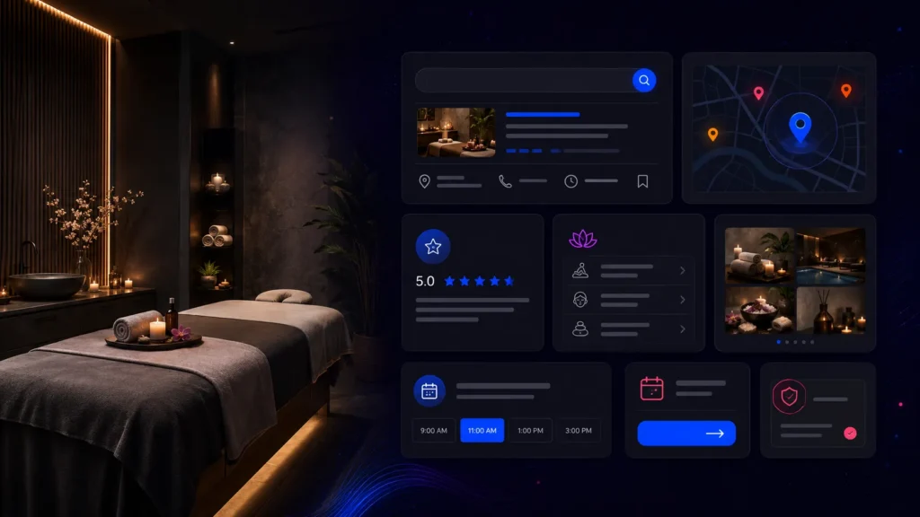 Dark editorial image showing spa SEO, local search visibility, reviews, treatment pages, and booking growth for Australian spas.