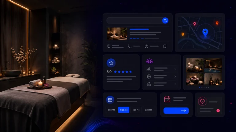 Dark editorial image showing spa SEO, local search visibility, reviews, treatment pages, and booking growth for Australian spas.