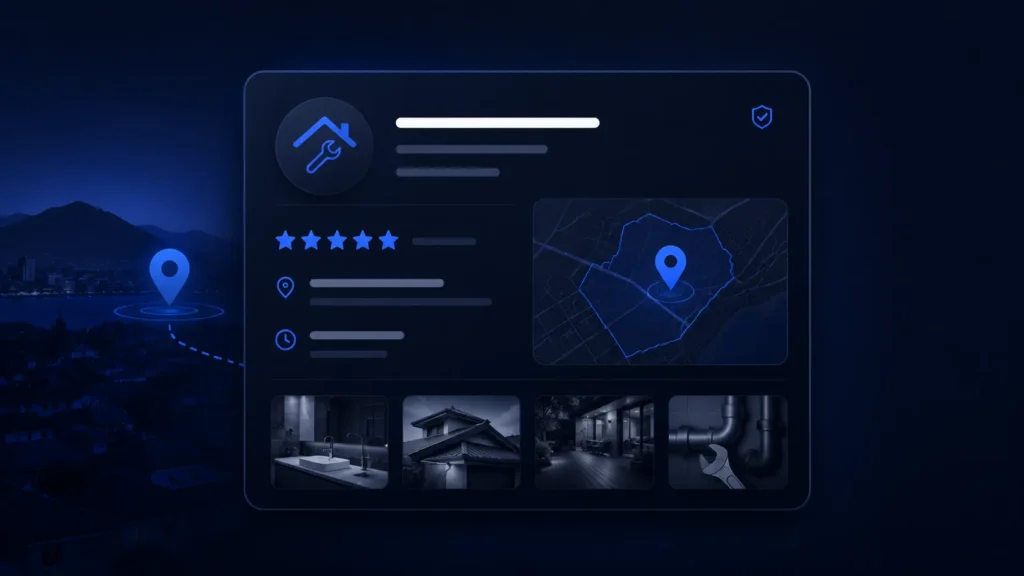 Local business profile mockup showing reviews, service areas, and map visibility for tradie SEO.