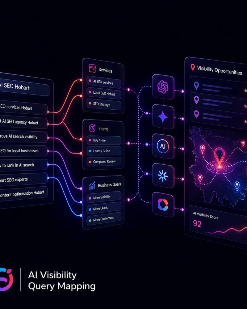 AI visibility query mapping dashboard showing local search queries, service intent, business goals and visibility opportunities