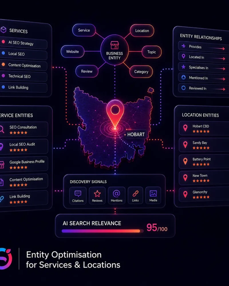 Entity optimisation visual showing Hobart service entities, location entities, business relationships, reviews, citations and AI search relevance.