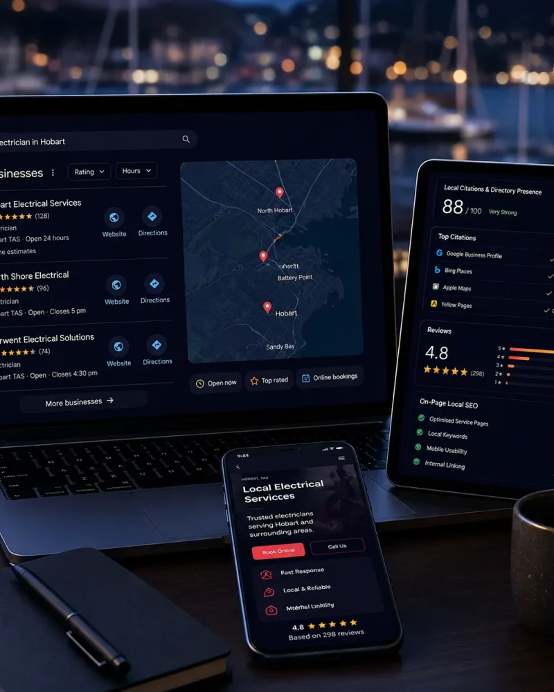 Service area search dashboard showing Hobart business listings, citations, reviews, maps visibility, and mobile search performance