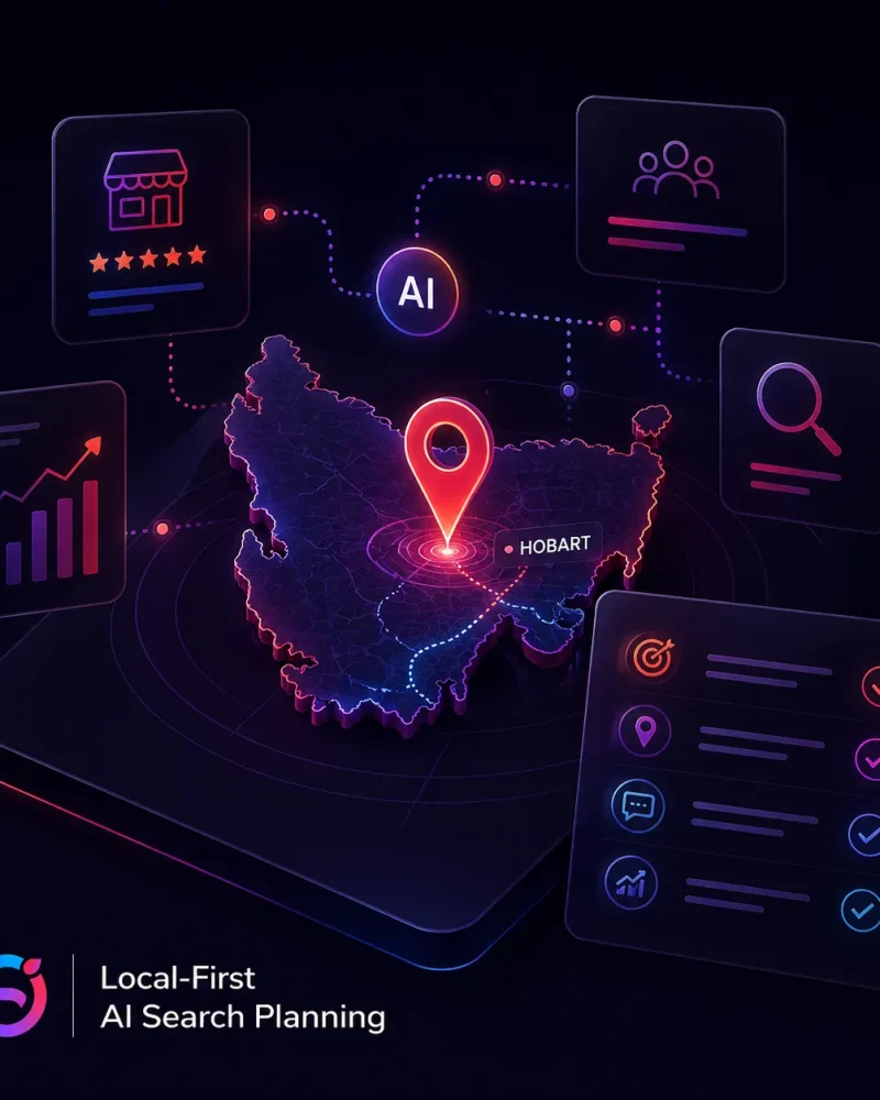 Local-first AI search planning graphic showing Hobart location targeting, AI search pathways, local visibility and service discovery signals.