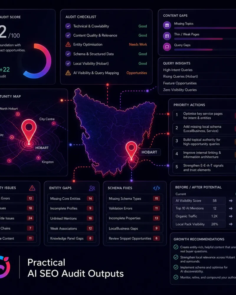 Practical AI SEO audit dashboard showing audit score, content gaps, query insights, schema fixes, entity gaps and priority actions