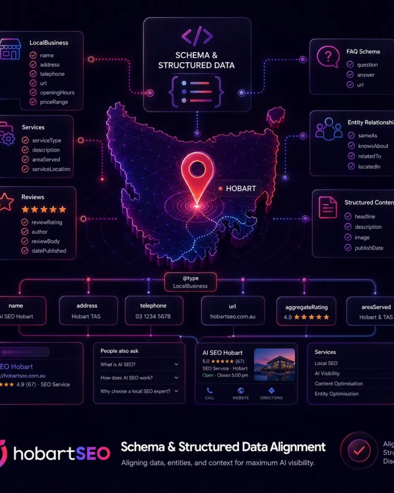Schema and structured data alignment dashboard showing LocalBusiness schema, service data, FAQ schema, reviews, entity relationships and search result signals.