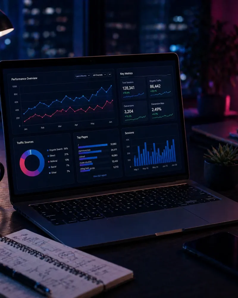 SEO performance dashboard showing traffic growth and analytics on a laptop screen