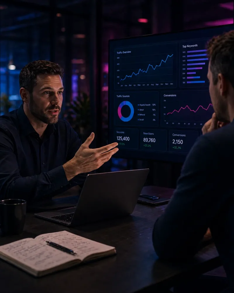 SEO consultant presenting data and strategy to a client in a modern office setting