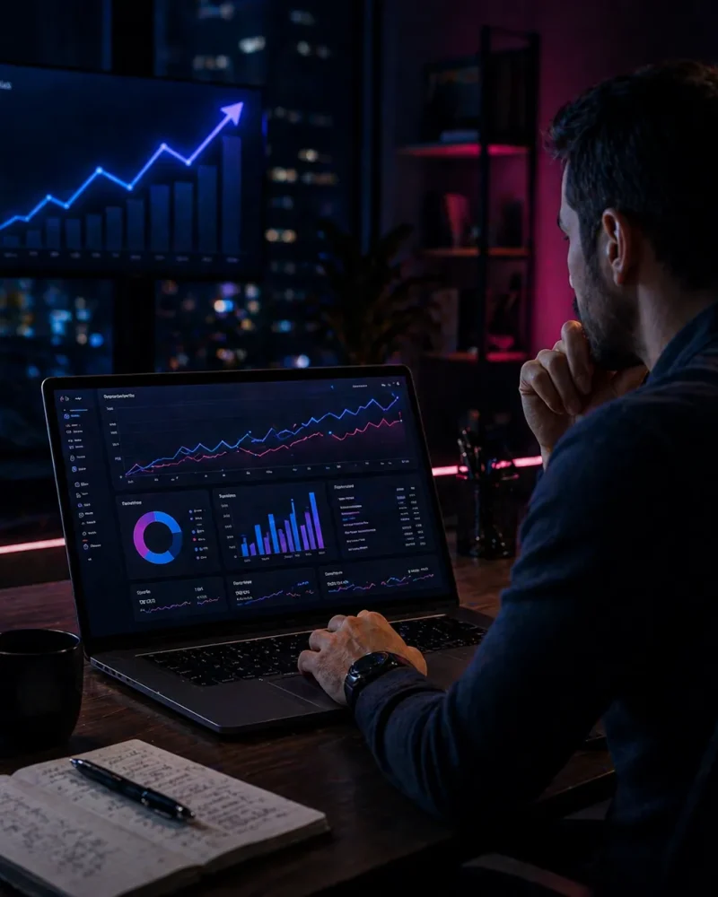Business owner analyzing growth and performance trends with upward charts