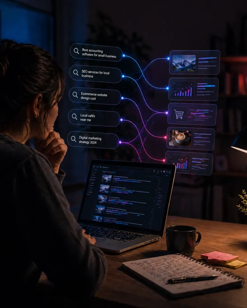 User researching search queries connected to structured content strategy on a laptop