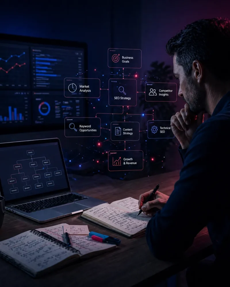 SEO strategist planning tailored growth strategy with website structure and keyword mapping on screens