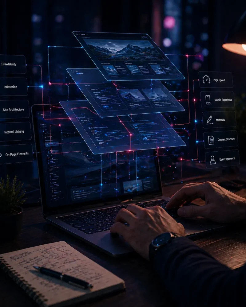 Website structure and technical SEO elements visualized above a laptop screen in a dark environment