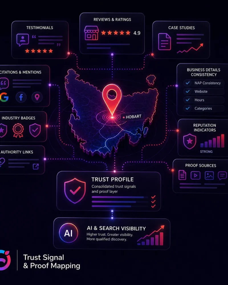 Trust signal and proof mapping visual showing reviews, testimonials, citations, case studies, business consistency and reputation indicators.